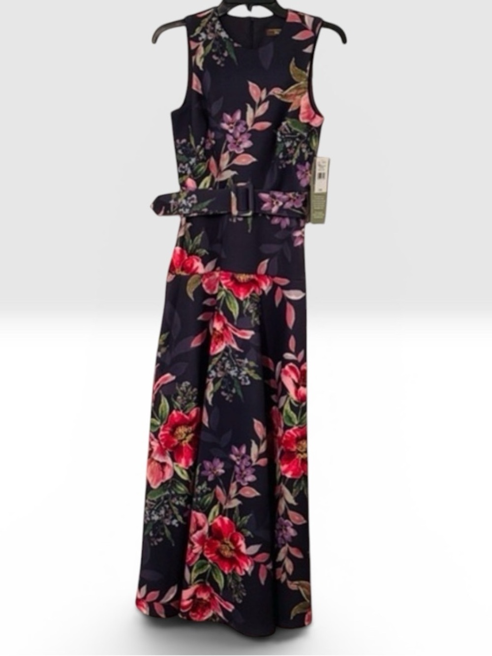 NWT Melonie T Navy Floral Belted Formal Evening Gown Wedding Guest Dress Sz 8